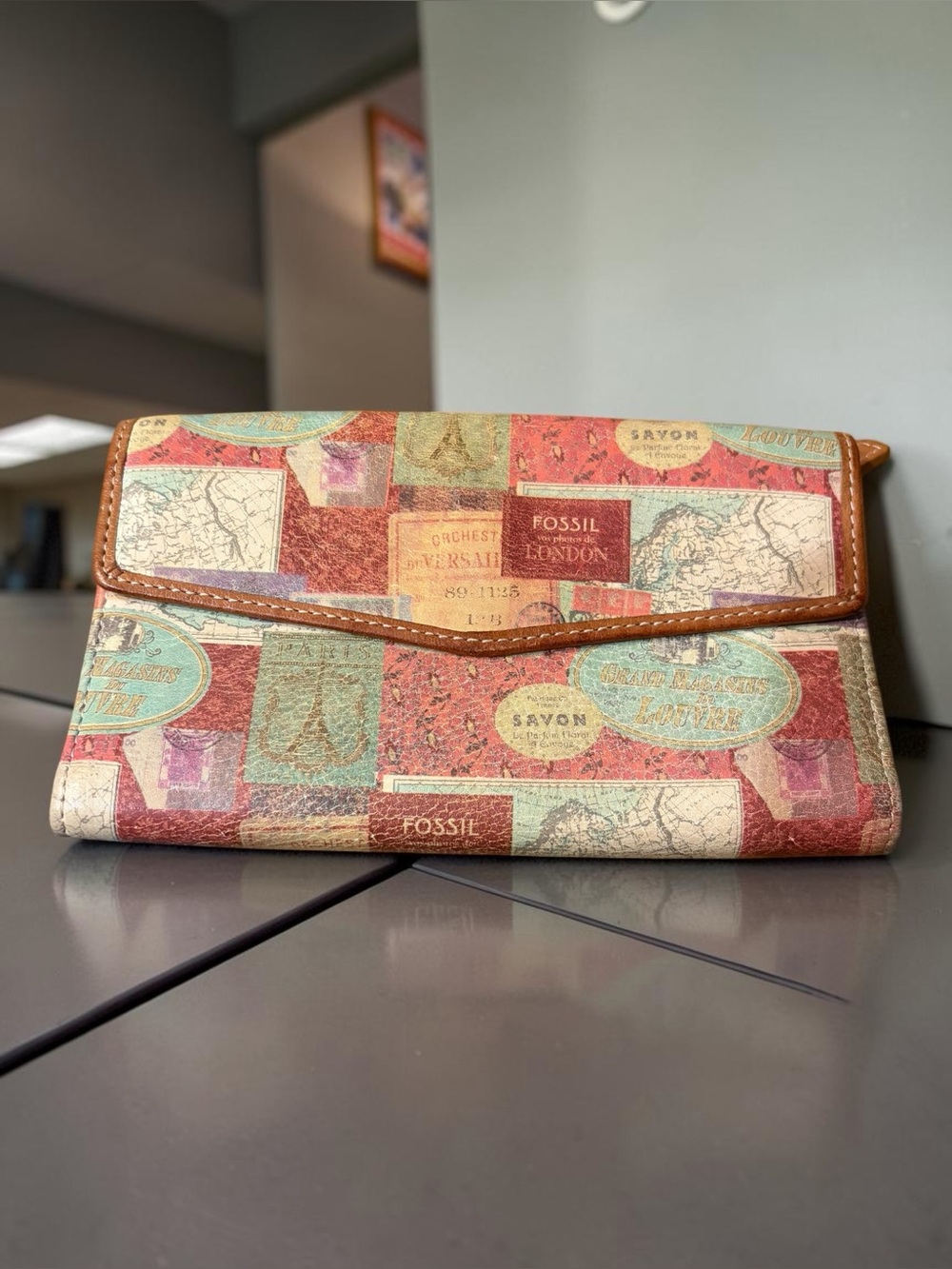 Fossil Patchwork Envelope Clutch in Red, Teal & Tan